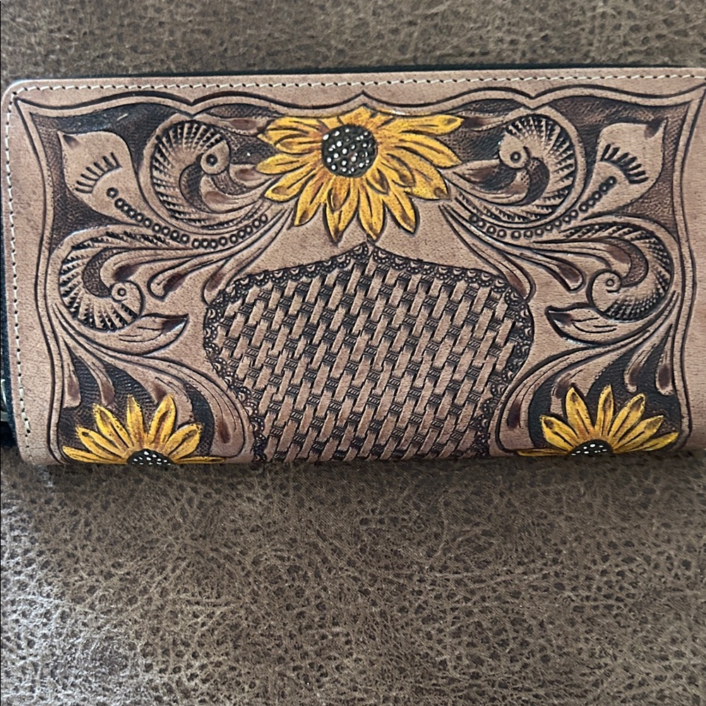 Myra Bag Tooled Leather Wallet with Yellow Sunflower Accents